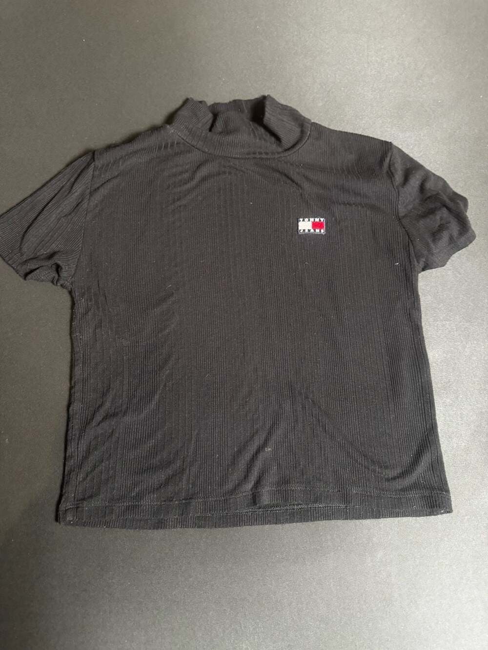 Tommy Jeans Black Ribbed Mock Neck Short Sleeve Top